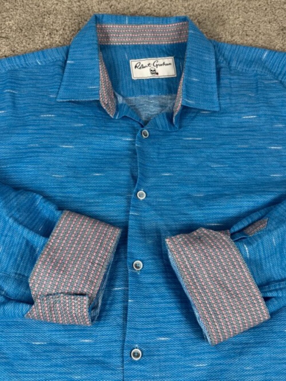 Robert Graham Flip Cuff Shirt Mens 2XL Blue Linen Cotton Long Sleeve Skull